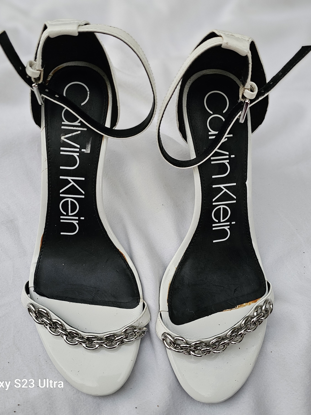 Calvin Klein White Ankle-Strap Sandals with Silver Chain Accent